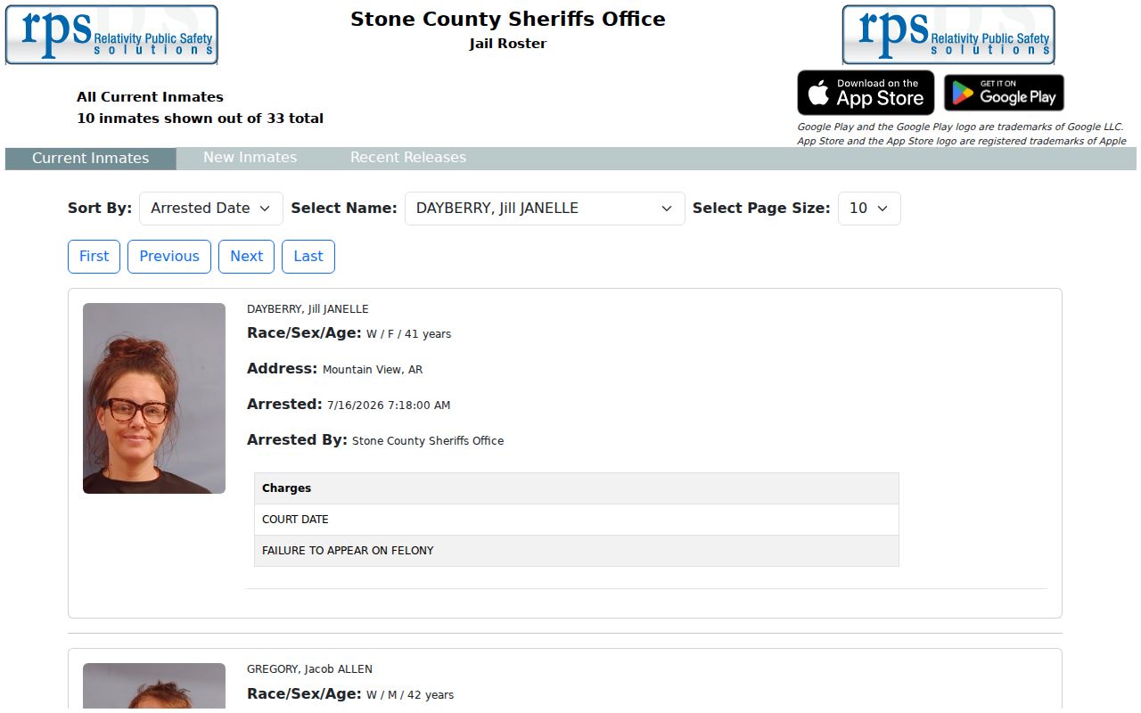 Stone County criminal history current inmate roster