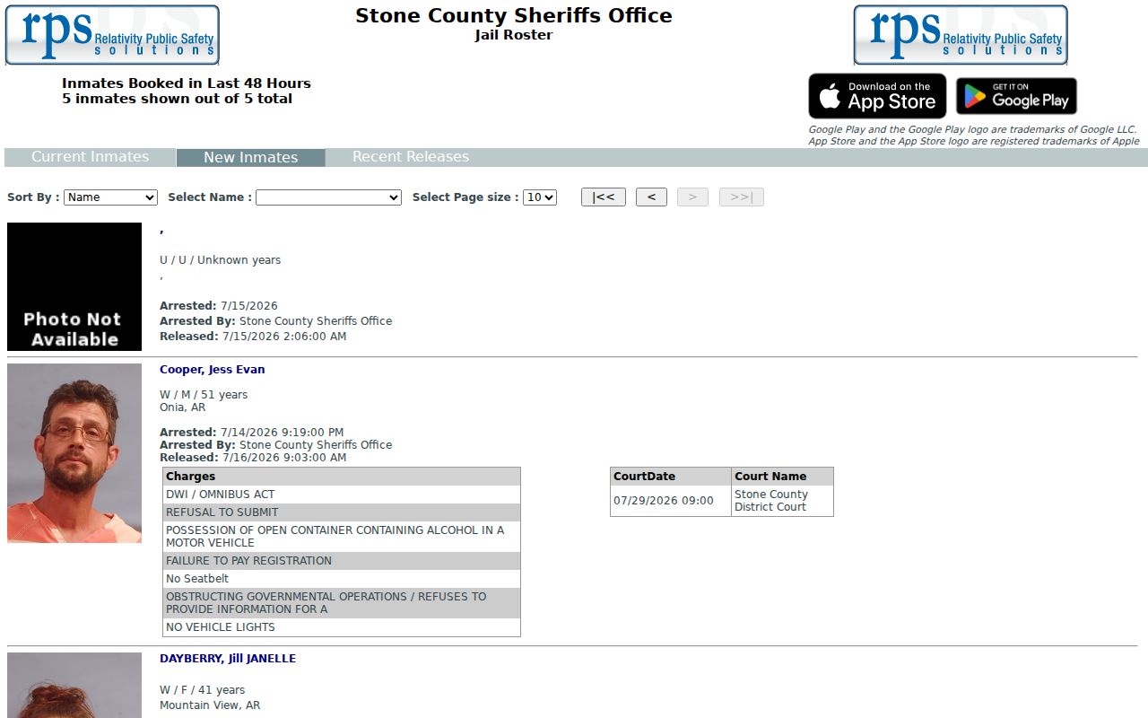 Stone County arrest search new inmates roster interface