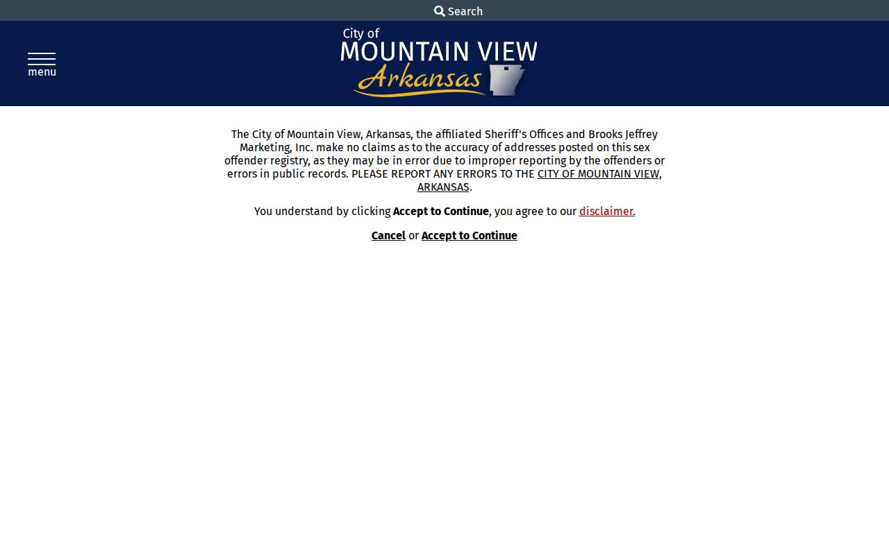 Stone County sex offender lookup Mountain View registry disclaimer